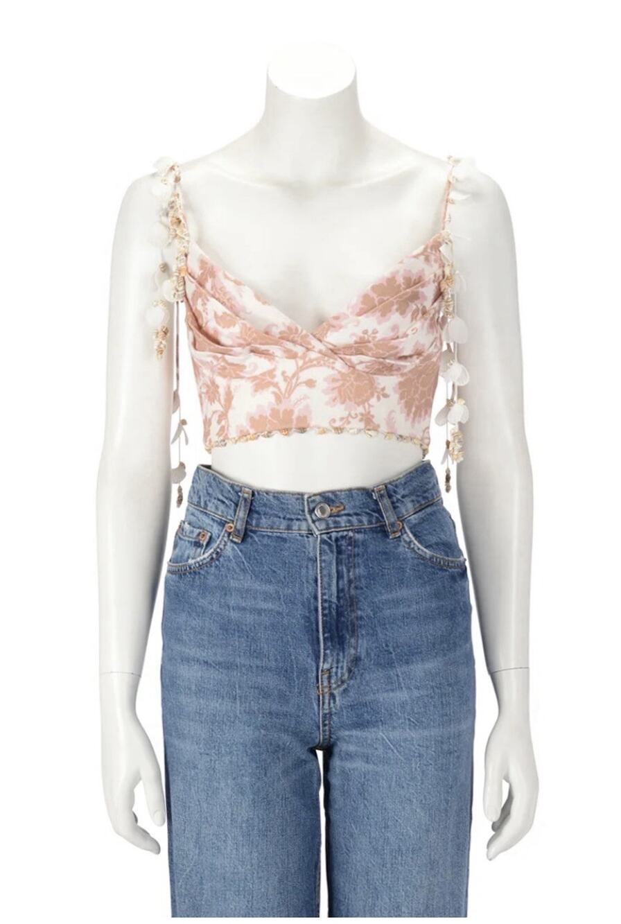 Zimmermann Postcard Tan Tonal Floral Linen Crop Bustier Top Size 0 Fits US 2-4